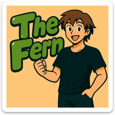 Edit the anime man to wear a black t-shirt with no jacket, standing in front of green bubble letters that say 'The Fern'. Keep his medium-length brown hair and expressive anime face. Maintain a vibrant, cartoonish, eye-catching vibe in the style of the original image. sticker