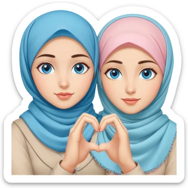 Turkish beautiful finish Konya two girls blue eyes with pastel hijab and making love heart with hand gesture sticker