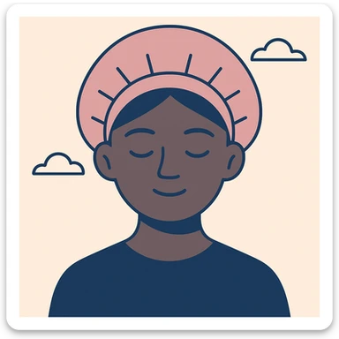 black girl with eyes closed wearing a pink bonnet, clean modern illustration style sticker