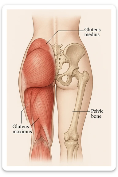 Anatomical view of the female gluteus with highlighted muscles and pelvic bones, inspired by the reference photo. Medical style with a neutral background. sticker