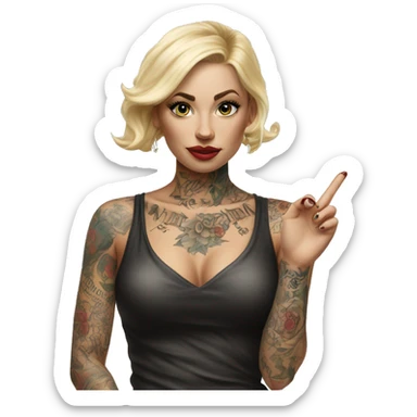 Blonde elegant women, her Body Covered with Tattoos, POINTING to YOU FORWARD with her ONE HAND , Hyper realistic sticker