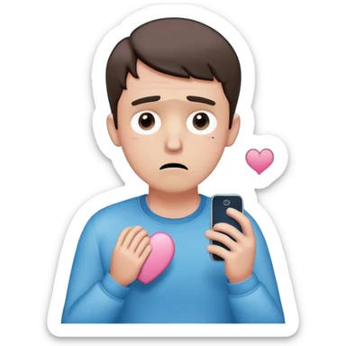 anxious man with wide worried eyes and slightly frowning mouth overthinking with sweat drops, a cracked heart symbol nearby, holding a phone in hand, body posture tense and reaching forward showing fear of abandonment, minimal soft rounded design with gentle blue and pink colors sticker