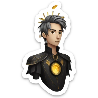 Hamlet young skinny sad man iridescent hair wearing raven feathers with a gilded clock and golden flames yin yang chess board sticker