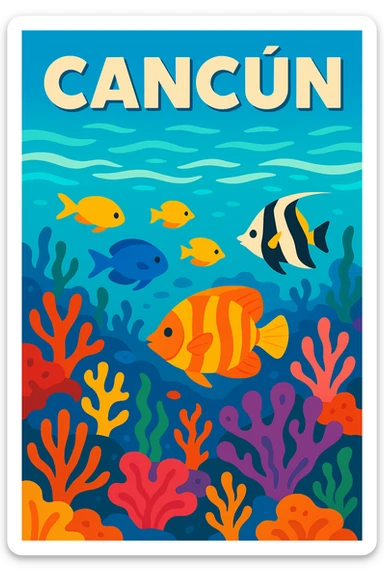 Cancun underwater scene with coral reef, tropical fish, clear blue water sticker
