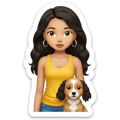 a tan pretty bratz girl with long wavy black hair, wearing a yellow tank top with a dog sticker