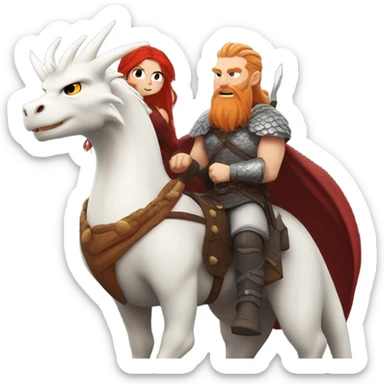  White Viking red head pale skin beautiful dragon  queen with a Viking solder with a gray man bun built white solder on a dragon  sticker