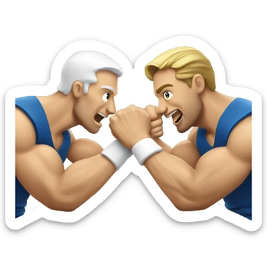 Two men armwrestling sit in front of a table. White men  sticker