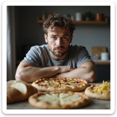 realistic 28-year-old man looking at a table full of gluten-containing foods (bread, pizza, pasta) with a sad or confused expression, domestic environment sticker