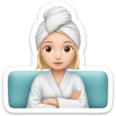 spa A contented and relaxed girl with a towel on her head in a white robe lies on a couch. The icon displays the couch and the girl in full three-quarter view. sticker