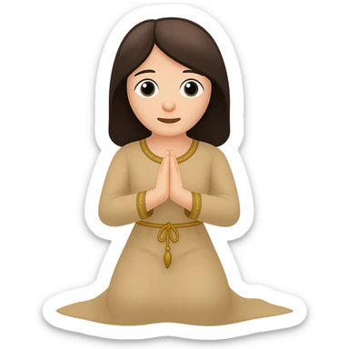 Change the dress color to tan, keep the woman kneeling and praying, long dark brown hair, emoji style, no background. The style should resemble emoji style with simple and clear features. sticker