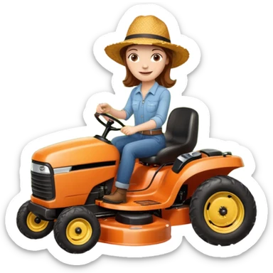 White woman with brown hair, without glasses wearing a straw hat, on old orange ride on lawn mower, holding a beer with one hand and holding the steering wheel with the other hand. Woman is smiling. Lawn mower has “Westwood” written on the engine cover sticker