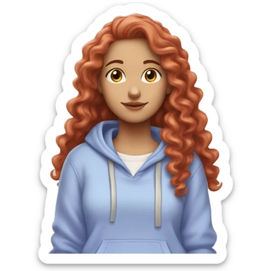 white girl with long red curly hair, wearing a pastel periwinkle hoodie doing a pose sticker