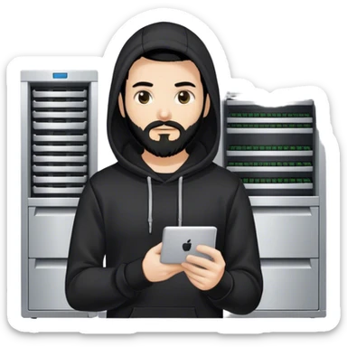 hackeur blanc cheveux noir barbe et capuche noir à côté d'un server sticker