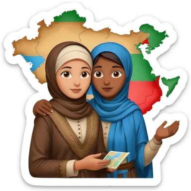 An emotional artistic illustration of an Indian man and an Afghan hijabi girl standing on the maps of India and Afghanistan, symbolically embracing despite the distance, showing love beyond borders. sticker