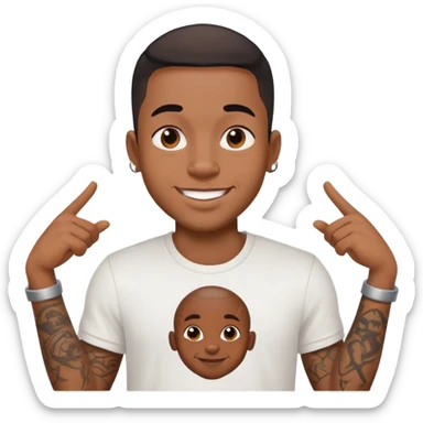 black man with small face tattoos, cheerful expression, wearing a t-shirt sticker
