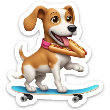 A dog riding a skateboard holding a hotdog  sticker