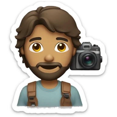 brown guy with mullet and beard holding a photo camera sticker