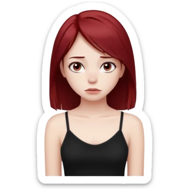 a pretty bratz fair girl with dark red straight hair, black cami top, looking sad sticker
