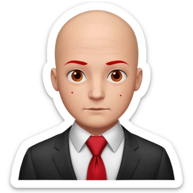 man Bald with red necktie, red dress, tattoos on face, square face. sticker