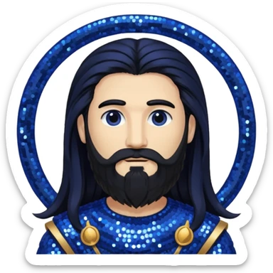 Saturn, God of Time from Gods and Goddesses with long black hair and beard, indigo sequin outfit sticker