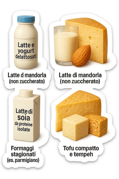 emoji stile iphone 3d di questi elementi che fluttuano in aria:

Latte e yogurt delattosati
Latte di mandorla (non zuccherato)
Latte di soia da proteine isolate
Formaggi stagionati (es. parmigiano)
Tofu compatto e tempeh
 che fluttuano in aria,  le etichette scrivile in italiano, iperealistico 4k sticker