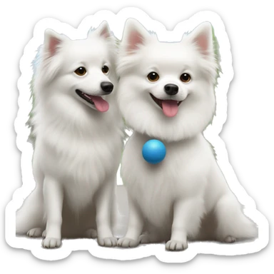 White Spitz with another white dog, taller than him, playing together with a ball sticker