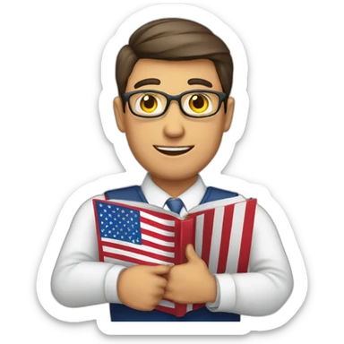 male english teacher with book and american flag sticker