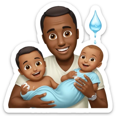 Sean “Diddy” Combs with baby oil and a very small infant and he’s pouring the baby oil on the infant that is laughing with a very exaggerated expression sticker