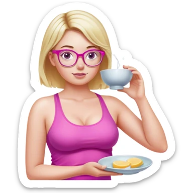 Curvy fair skinned woman, freckled skin, short blond hair, small light purple reading glasses, washing dishes, short flowing sheer hot pink tank top, without undergarments SFW, black yoga pants, thick booty sticker