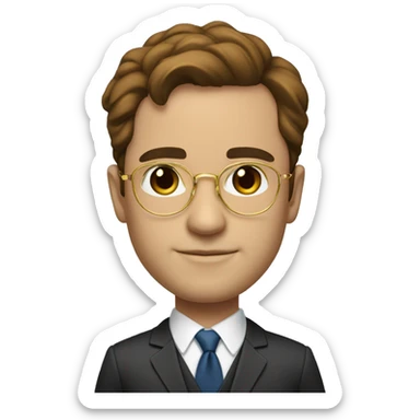 body height lawyer in suit with brown hair and brown eyes and round gold glasses sticker