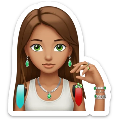 A girl with long brown straight hair, green eyes, and a white tank top; she doesn't have bangs. she wear a lot of silver jewerly tan skin sticker