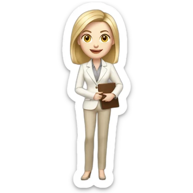 Full height pale skin woman with blonde Straightened bob Hair, White classical jacket, beige Arrow pants and gray blouse holding a color palette in the hands sticker
