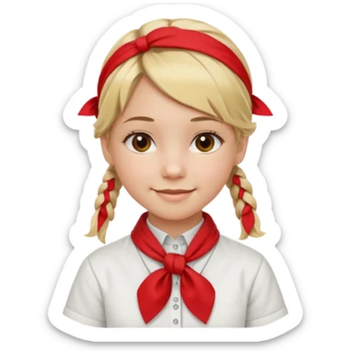 A Soviet pioneer girl emoji — smiling young girl with blonde hair tied into two short braids. She wears a white school shirt and a wide bright red pioneer neckerchief tied in a loose triangular knot at the chest (not a necktie). No suspenders, no jacket, no hat. Без красных повязок на голове sticker