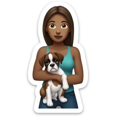 A woman with brown hair holding her black and white boxer like a baby sticker
