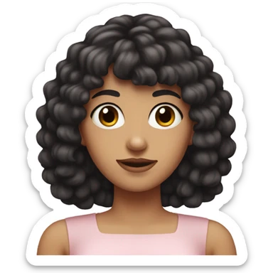 White woman with long black curly hair and bangs and dark brown eyes, wearing a pastel pink dress sticker