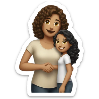 mid-sized pale woman with straight brown hair shakes hands with a tan mid-sized woman with black curly hair sticker