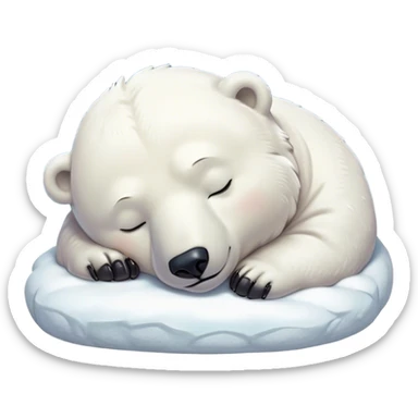 Meme-Worthy cute Sleeping Polar Bear Portrait Emoji, Head resting peacefully with a contented smile, showcasing a luxuriously soft snowy coat and eyes closed in serene slumber, Simplified yet hilariously adorable features, highly detailed, glowing with a soft, drowsy polar light, high shine, relaxed and utterly lovable, stylized with an air of playful laziness, bright and heartwarming, soft glowing outline, capturing the essence of a sleeping polar guardian that feels destined to become the next viral sensation of adorable rest! sticker