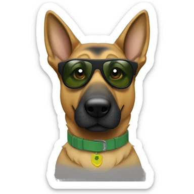 Slim weak german shepherd with green-yellow belt and full black sunglasses and hair colour gray and a little brown near mouth from the front view sticker