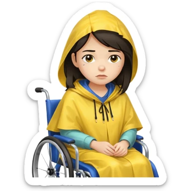 Girl with dark hair  in a wheelchair with rain poncho sad  sticker