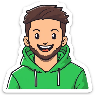 laughing guy with white hoodie, green t-shirt underneath, green eyes, dark brown undercut hairstyle and a short full beard sticker
