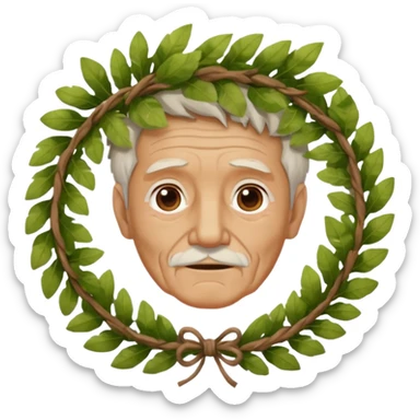an old man wearing a large leaf wreath sticker