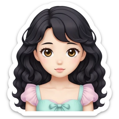 Cute kawaii anime lady with beautiful black wavy hair wearing a gorgeous soft feminine pastel dress sticker