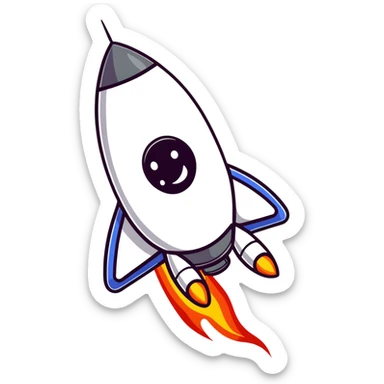 A cute sticker-style space rocket with a smiling face and bright flame trail sticker