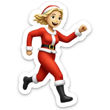 A white woman running, with a large stride and arms outstretched, in a santa costume sticker