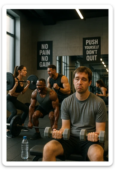 Modern gym scene with a man in sporty clothing lifting light dumbbells with a bored expression. Other athletes training intensely, trainer encouraging. Full water bottle near the man, motivational posters ignored. Mirrors reflecting the contrast between him and others. Artificial lighting, clean environment, vertical format. sticker