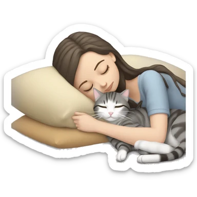 brunette pale girl sleeping with grey tabby cat  sticker