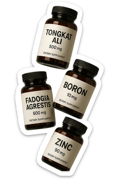 4 boccette di integratore: Tongkat Ali, Fadogia Agrestis, Boron e Zinco fluttuano in aria verticalmente sticker