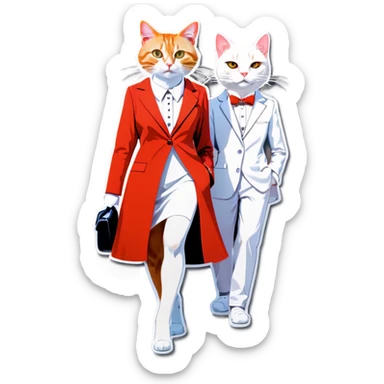 Orange cat in suits and white female cat in red night dress sticker