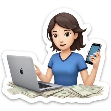 woman holding a phone in one hand, laptop open in front, storm of receipts, invoices, and reminders swirling around, multitasking chaos sticker