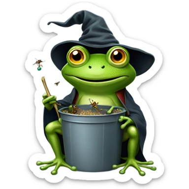 Frog wizard eating a bucket of flies while riding a bigger frog sticker